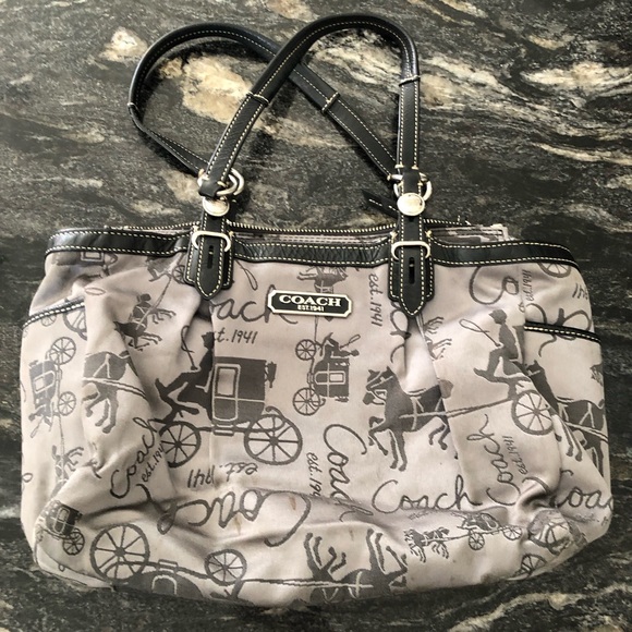 Coach Handbags - Coach Gray Logo Carriage Satchel with Black Trim